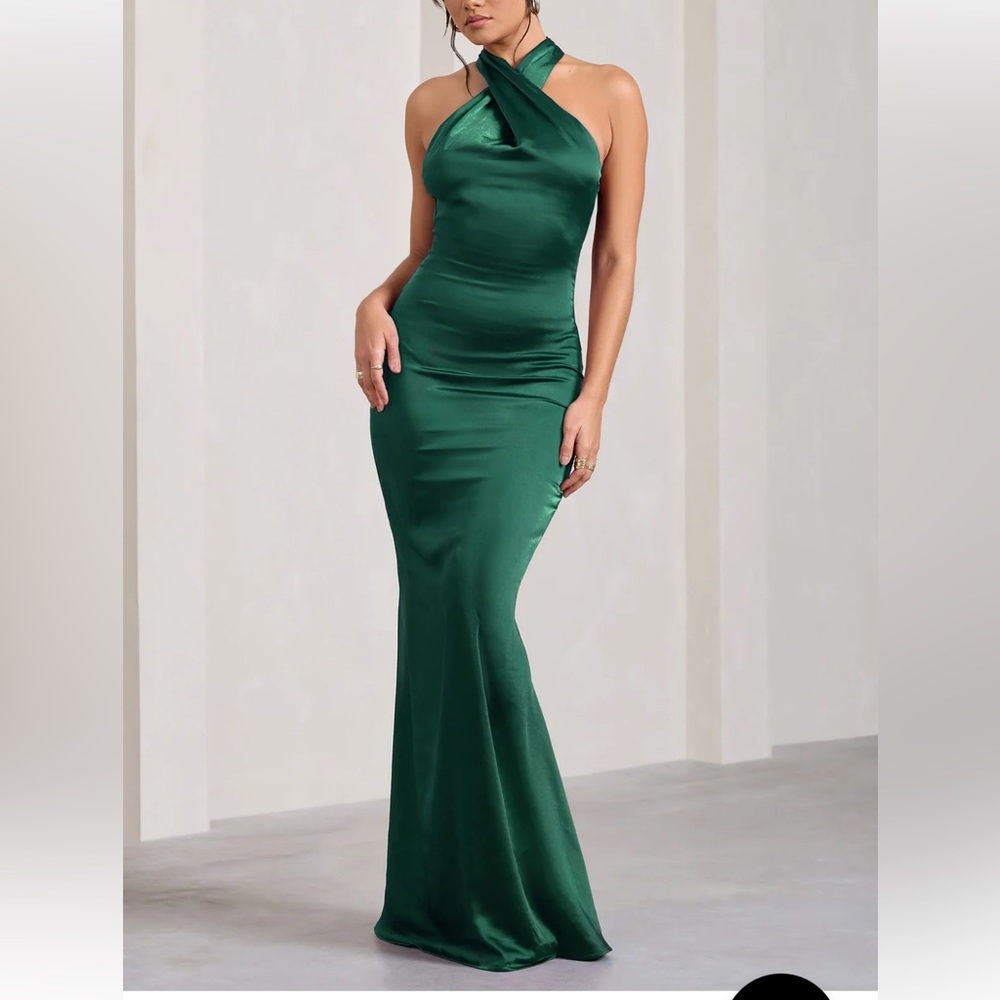 UNSTOPPABLE 
BOTTLE GREEN SATIN CROSS OVER HALTERNECK MAXI DRESS- CLUB L LONDON